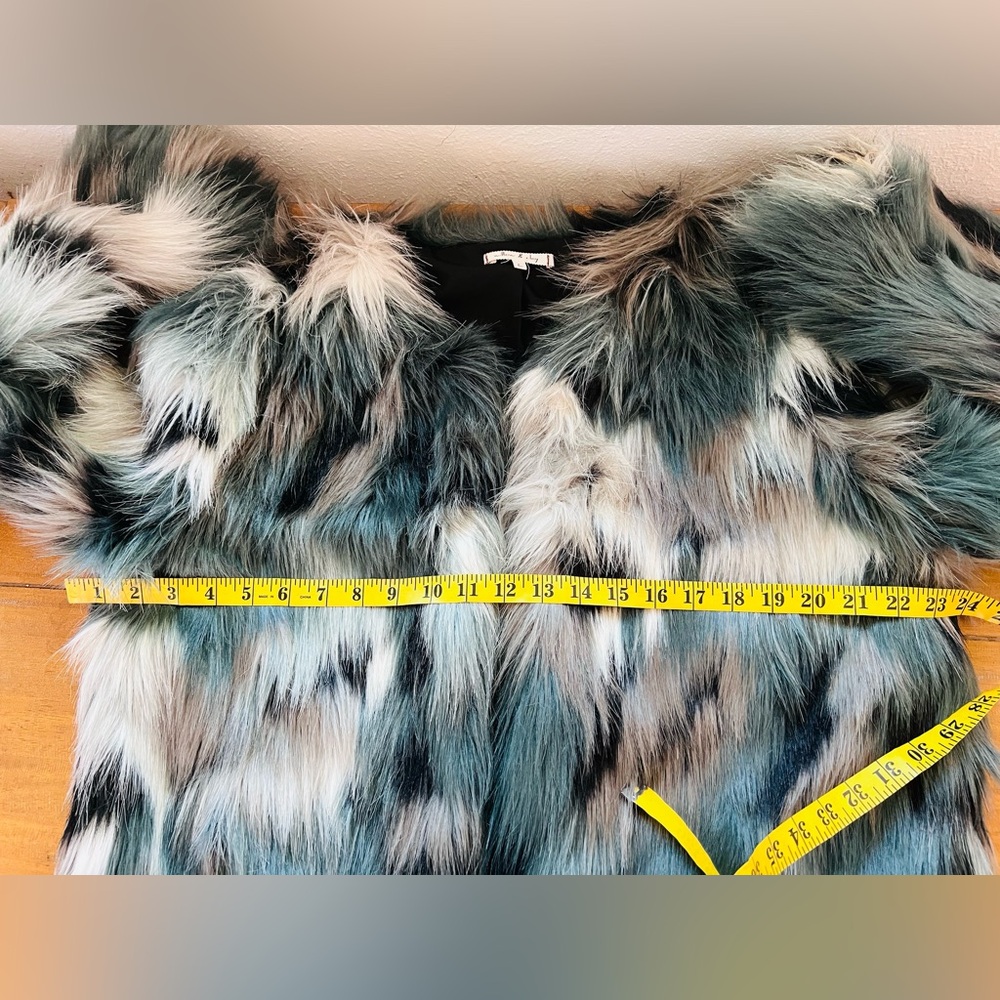Willow And Clay Faux Fur Coat Teal Gray Multi Color Open Front Jacket Boho - Picture 12 of 12